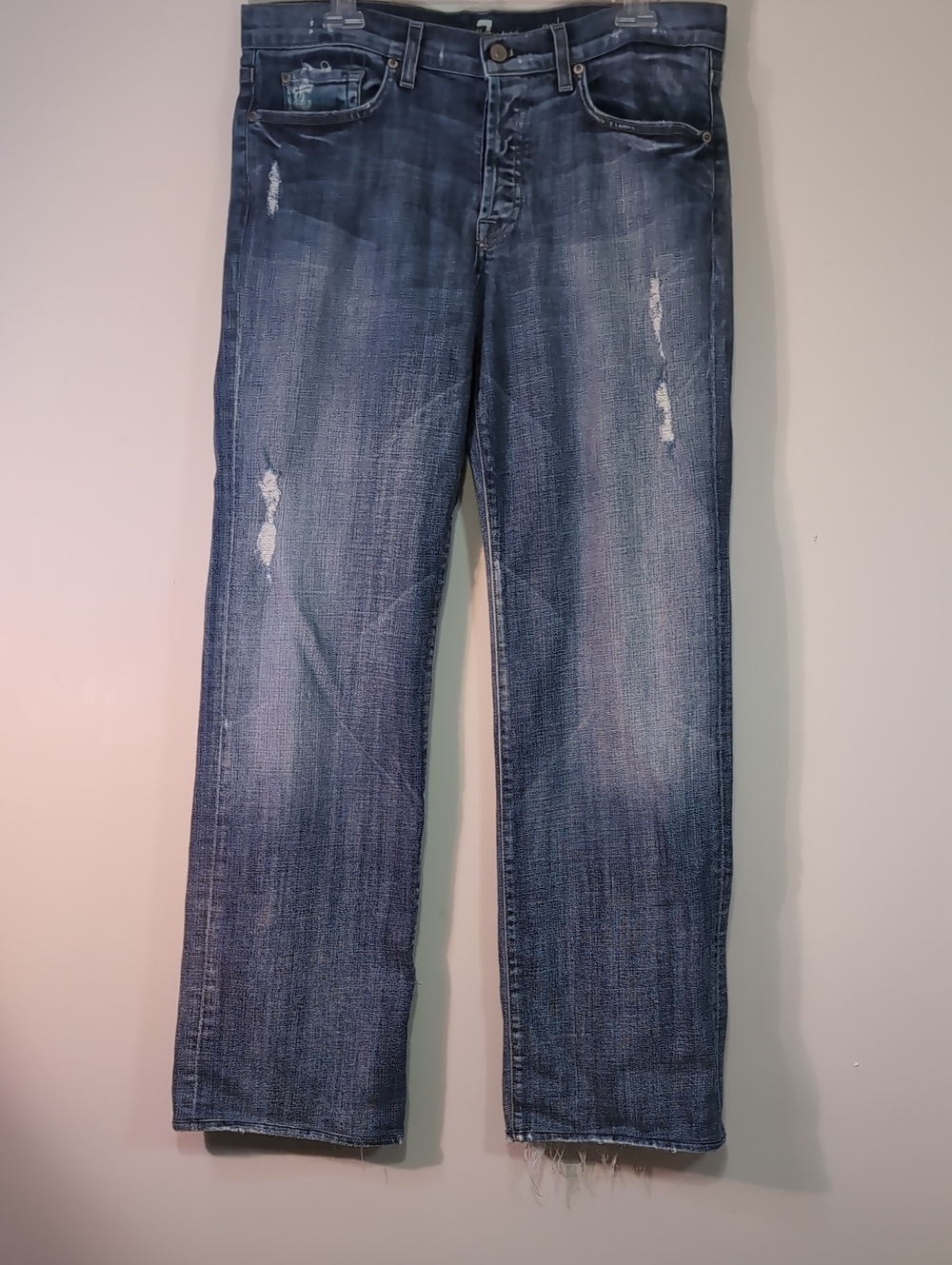 7 For All Mankind Men's Distressed Dark Blue Straight Jeans